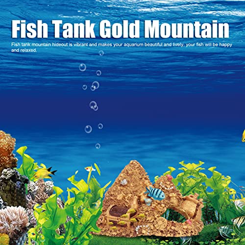 Wisecoco Aquarium Decoration Cave, Fish Tank Gold Mountain Simulation Resin Aquarium Treasure Mountain Hideouts Decoration for Freshwater Saltwater 4.3 x 4.7 x 5.9 inch