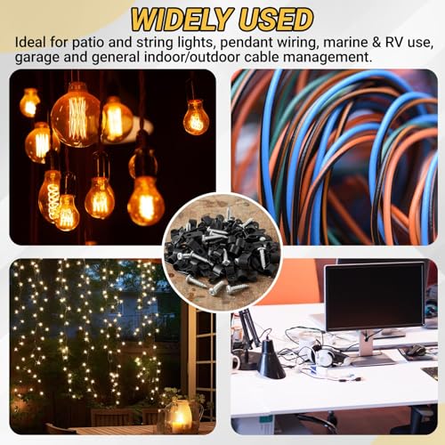 1/2inch 100 Pcs Rope Light Clips P-Style Cable Clips Mounting Cable Plastic Clamps Compatible with Stainless Steel Screw for Wire Cord Management Reinforced & Thickened Design (Black)