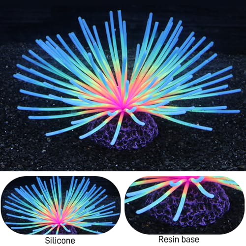 Glowing Sea Urchin Aquarium Decor - Fluorescent Rainbow Ornament with Weighted Base for Fish Tank, Safe Soft Silicone, Freshwater & Saltwater, Vibrant Glow Under Blue Light (Blue) - color: Blue