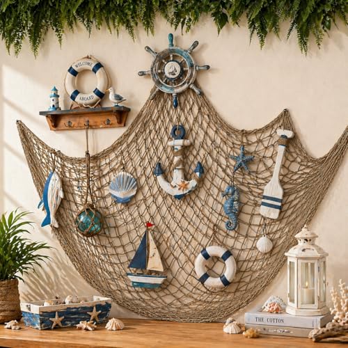 Fish Net Decorations for Party, 80x40 Inch Large Decorative Fish Netting Table Runner, Wall Photo Hanging Fishnet for Nautical Mermaid Pirate Hawaii Beach Under the Sea Party Decorations, Caramel - color: Caramel