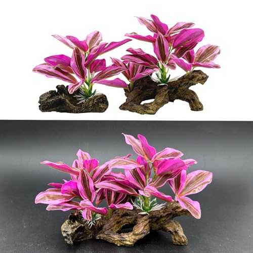 Fish Tank Decorations Aquarium Decor Ornaments Betta Pink Leaf pad Hammock Artificial Driftwood Goldfish Bowl Accessories (Hot Pink Set)