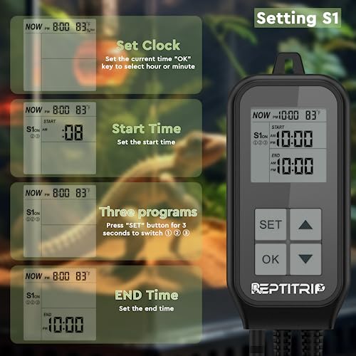 REPTITRIP Reptile Thermostat, Light Timer for Temperature and Lighting Control, Day-Night Timer Thermostat with Reptile Thermometer for UVB Light, Heat Lamp, Heating Pad, 10A 1250w