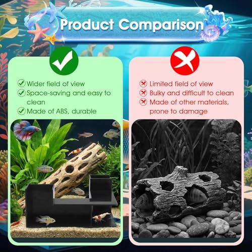 Fish Tank Decor Aquarium Cave - 2-Hole Aquarium Tunnel Fish Tank Cave + 360° View | Under Gravel Fish Hideout Fish Tank Accessories for Betta Fish, Shrimp, Corydora, Pleco (Black Square) - color: Black Square