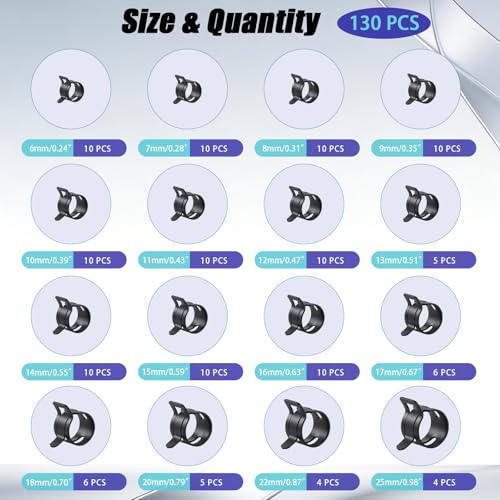 130Pcs 6-25mm Spring Hose Clamps Kit With Pliers, Black Small spring Clamp，Constant Tension Steel Clamps for Automotive Fuel Lines, Silicone Vacuum Hoses，Low-Pressure Air Clips - style: 130 pcs