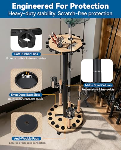 KEXMO Mobile Fishing Rod Holder Pole Rack for Garage, 360 Degree Lockable Wheels, Rigging Station, Heavy-Duty Steel Space-Saving Floor Stand, Holds 16 Combos, Fishing Gear Storage, Natural Wood Grain - color: Natural Wood Grain
