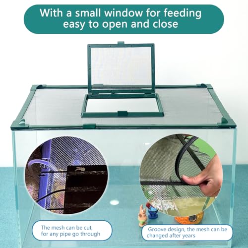 Magnetic Fish Tank Cover with Feeding Window Green Frame Grey Fiberglass Mesh, DIY Fish Tank Lid Adjustable Size Fit Tank Size Max 35''X19'' for Preventing Fish from Jumping Out and Reptile Escaping