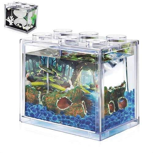 Small Betta Fish Tank, Mini Sea Monkey Tank Aquarium Kit with Gravel & Background Resin Decor, 0.6 Gallon Stackable Tabletop Fish Bowl Accessories for Shrimp Seaweed Ball - color: Clear