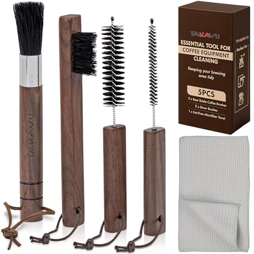 Takavu Coffee Grinder Cleaning Kit – 5pcs Boar Bristle Grinder Brush, Detail Scrub Brush, Steam Wand Brushes & Microfiber Towel for Espresso Machine Coffee Maker Pour Over - color: Kit