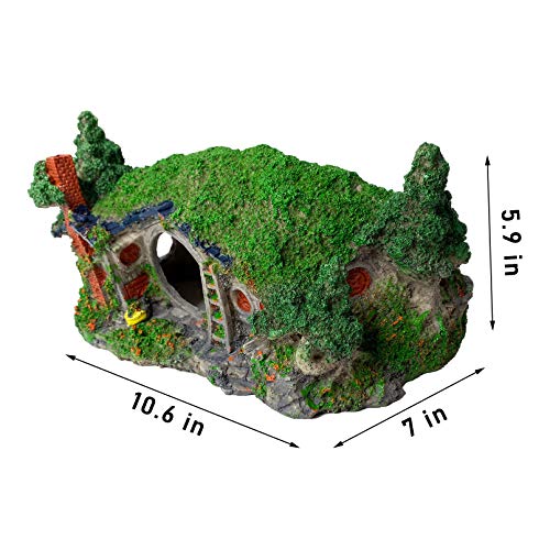 Large Aquarium Decoration Hobbit House Cave, 10.6 * 7 * 5.9 inches Resin Fish Hideout Betta Hiding Reptile Hole Shelter Snake Tank Fish Tank Ornament Rockery Landscaping