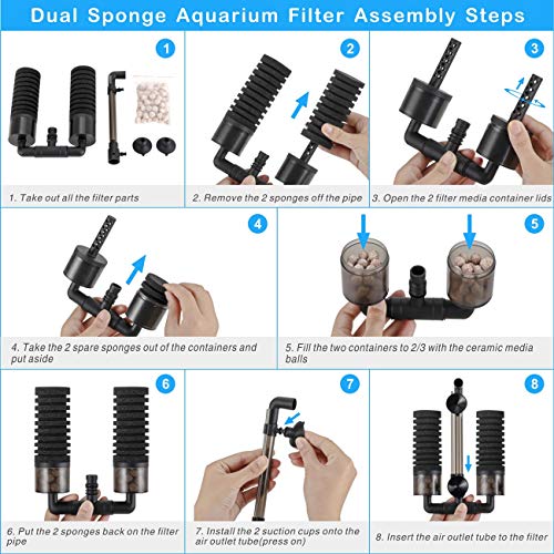 hygger Aquarium Double Sponge Filter for Fresh Water and Salt-Water Fish Tank (M) - size: Filter M (15-55 gallon)