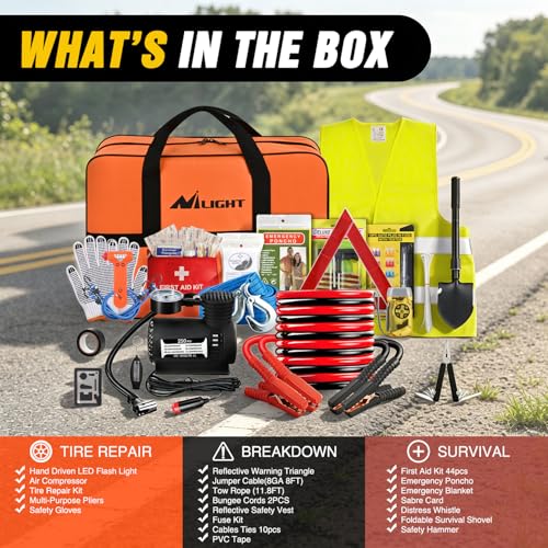 Nilight Car Emergency Kit with Jumper Cable, First Aid Kit Safety Assistance Tools for Travel Camping Outdoor Cars Truck SUV RV, Roadside Essentials with Flash Light - color: Essential Kit+Air Compressor+Tire Fuse kit