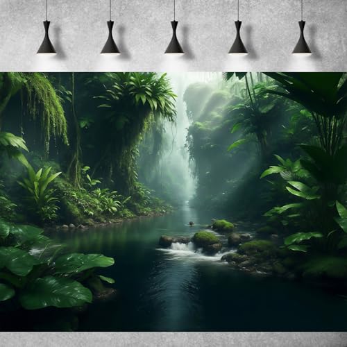 Jungle Aquarium Background Stream River Foggy Rainforest Terrarium Background Waterfall with Lush Green Jungle Plants Fish Tank Background Tranquil Natural Jungle Forest Aquarium Backdrop 24x12in - color: Tree Green, size: 24(W)x12(H)in