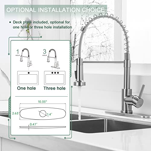 WEWE Kitchen Faucets, Brushed Nickel Kitchen Faucet with Pull Down Sprayer, Industrial Spring Single Handle Stainless Steel Kitchen Sink Faucet with Deck Plate, 1 Hole or 3 Hole for Laundry Rv - color: Brushed Nickel, style: Classic