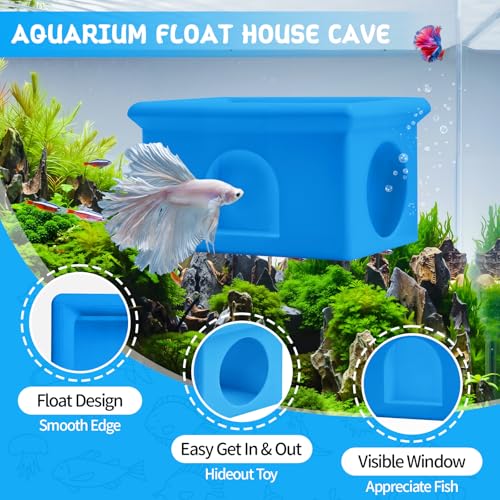 Floating Betta Fish Hammock Cave House for Aquarium, 3D Printed Betta Shrimp Feeder & Hideout Cave Toys, Small Aquarium Feeding Ring Decor, Turtle Fish Tank Decorations Accessories -Blue - color: Sky Blue