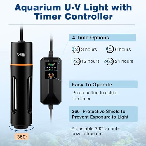hygger 11W Aquarium U-V Light with Timer, 360° Protective Shield Clean Lamp for Green Water & Algae, Amphibian Small U-V Light for 60-180 Gal Freshwater & Saltwater Fish Tanks - size: 8.66inch