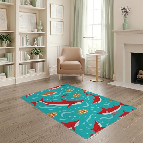 4'x6' Washable Graphic Shark Area Rug, Turquoise Flatwoven Floor Mat for Home Office, Gaming Room, Under Desk, Non-Slip Chair-Friendly Carpet | Ref:2070035 - color: Blue/Pattern 12, size: 4' x 6' (Rectangular)