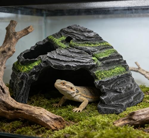 M2cbridge Aquarium Fish Hide Cave Reptile Hideout Cave Terrarium Amphibians Habitat Decor (Island+ Water Dish) - style: Island+ Water Dish
