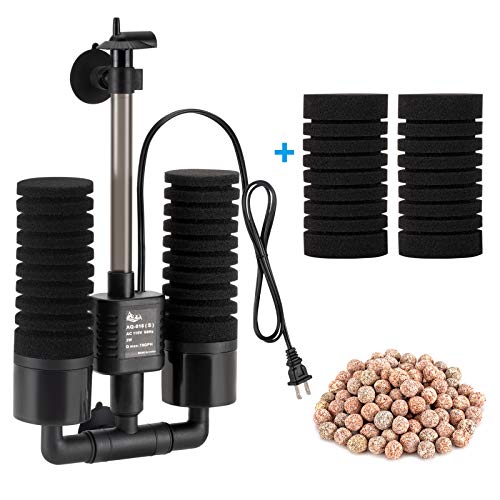 AQQA Aquarium Sponge Filter, Power Driven Double Biochemical Water Filter, Quiet Submersible Foam Filter with 2 Extra Sponges, 1 Bag of Filtered Ceramic Balls for Fresh and Salt Water Fish Tank (S) - size: Small