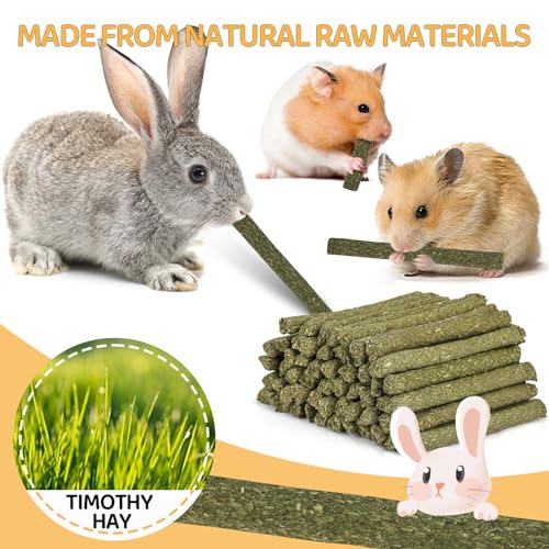 VESPRO 52Pcs Rabbit Chew Sticks, Guinea Pig Toys, Natural Timothy Grass Molar Teeth Stick, Guinea Pig Timothy Hay, Chew Toys for Bunny, Rabbits, Hamsters, Small Animals Treats - size: 1 Count (Pack of 52)