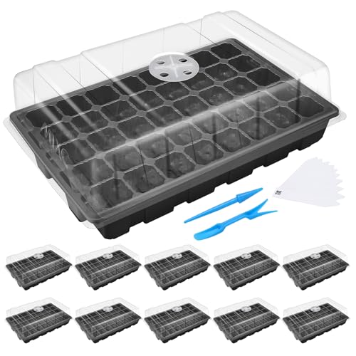 MIXC Seedling Trays Seed Starter Tray, 10-Pack Mini Propagator Plant Grow Kit Greenhouse with Humidity Vented Domes and Base for Seeds' Starting (40 Cells Per Tray, Total 400 Cells), Black - color: Black, size: 40-Cell 10-Pack