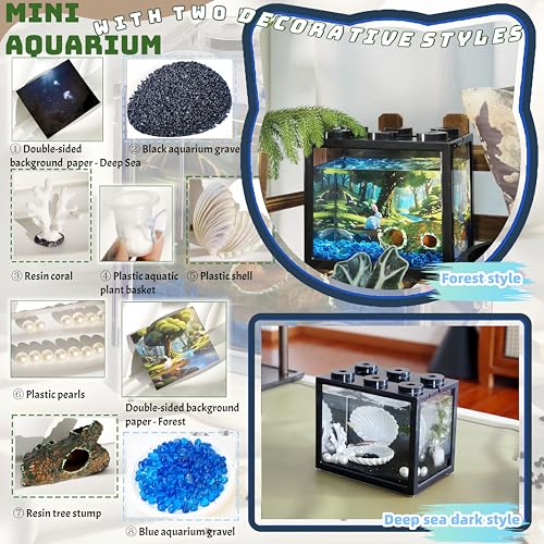 Small Betta Fish Tank, Mini Sea Monkey Tank Aquarium Kit with Gravel & Background Resin Decor, 0.6 Gallon Stackable Tabletop Fish Bowl Accessories for Shrimp Seaweed Ball - color: Black