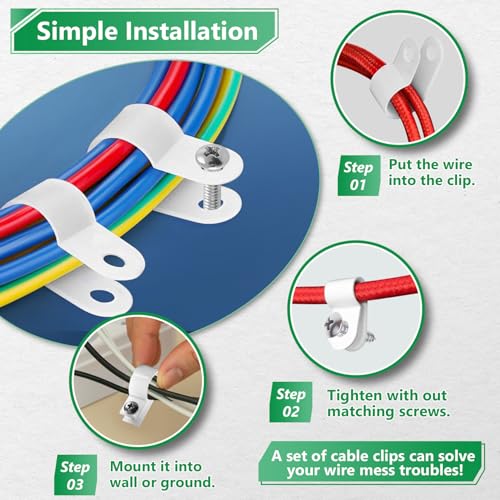 Cable Clips for Cable Management Cord Organizer, 6 Sizes 290 PCS Nylon R-Type, 3/16'' 1/4'' 3/8'' 1/2'' 3/4'' 1'' White Plastic Screw Mounting Cord Fastener Clamp Assortment Kit with M4 Screws - color: 290PCS White