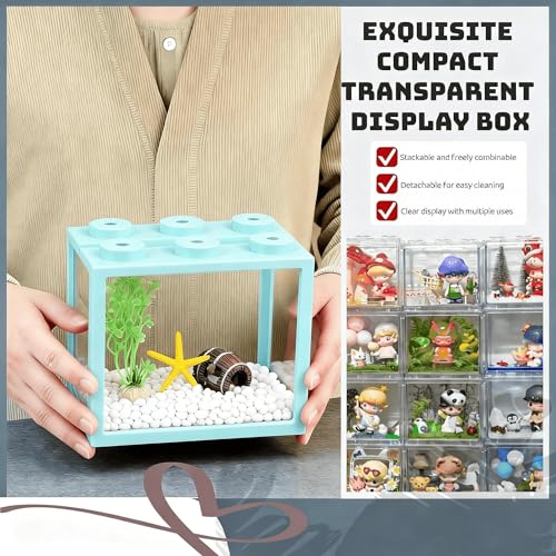 Small Betta Fish Tank, Stackable Mini Fish Tank Tiny Aquarium Kit with Aquarium Gravel & Resin Decorations, 0.6 Gallon Cube Desktop Fishbowl for Snails, Crabs, Starfish (Light Blue) - color: Light blue