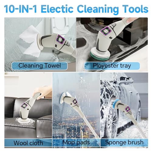 10-in-1 Electric Spin Scrubber for Cleaning, Voice Broadcast Rechargeable Power Scrubber, Aquarium Cleaner, Cordless Shower Cleaner Brush for Tile/Bathtub/Floor/Shoes/Car-Light Gray