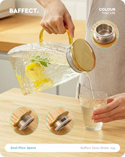 Baffect Water Pitcher, Glass Pitcher With Lid And Handle, 63 Oz / 1.8 L High Borosilicate Glass Jug For Fridge Door, Carafe For Hot/Cold Iced Tea Juice Coffee Milk Beverage （Glacier-Textured） - style: Glacier-Textured
