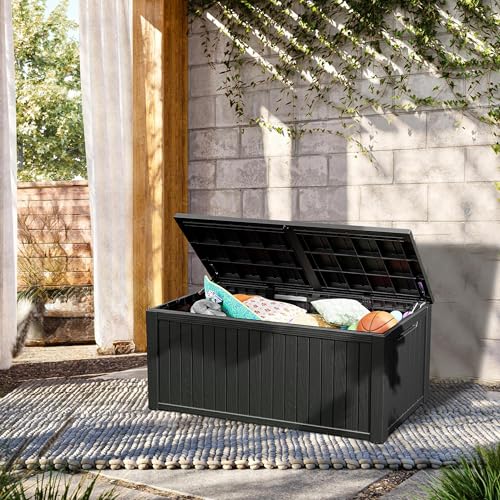 TARKARI 270 Gallon Resin Deck Box, Waterproof Outdoor Storage Box, Lockable for Patio Furniture, Garden Tools, Pool Accessories, UV-Resistant for All Weather Use, Black - color: Black, size: 270 GAL