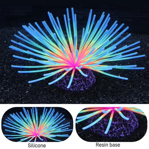 Fluorescent Rainbow Sea Urchin Aquarium Decor - Glows Under Blue Light, Weighted Silicone Ornament for Fish Tank with Swaying Spines, Saltwater & Freshwater, Vibrant Aquascape Centerpiece (Blue) - color: Blue