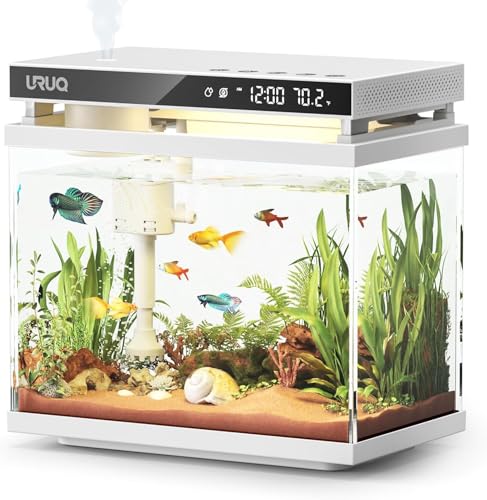 Fish Tank Smart Aquarium Kit: 2 Gal UHD Glass Silent Water Pump Self Cleaning System Temperature Monitoring Essential Oil Diffuser with Humidifier 7 Color Lights Multi-Layer Filtration System - White - color: White