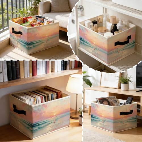 Pink Coastal Beach Sunset Sailboat Storage Bins Box with Handles, Pastel Nautical Ocean Seascape Foldable Basket Toybox for Girls Bedroom Bathroom Home Clothes Toys Books - color: color-2