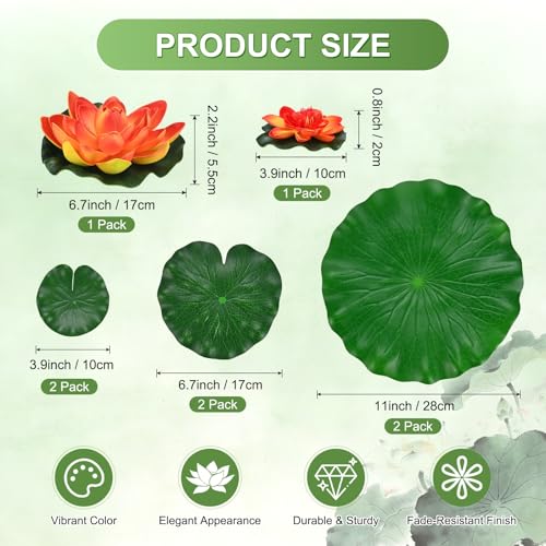 M METERXITY 1-Set Artificial Floating Foam Lotus Flower with Water Lily Pad, 4/7/11 Inch Fake Lotus Flowers Water Lilies for Pool/Fountain/Garden Decor, Pond Plants Ornaments [Orange] - color: Orange, size: 6.7/3.9 Inch