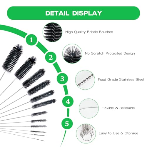 Straw Cleaner Brush Set,12 Pieces Extra Long Pipe Water Bottle Brushes for Cleaning Reusable Drinking Straws,Bird Feeders,Pipes,Black (12pcs Different diameters Set)
