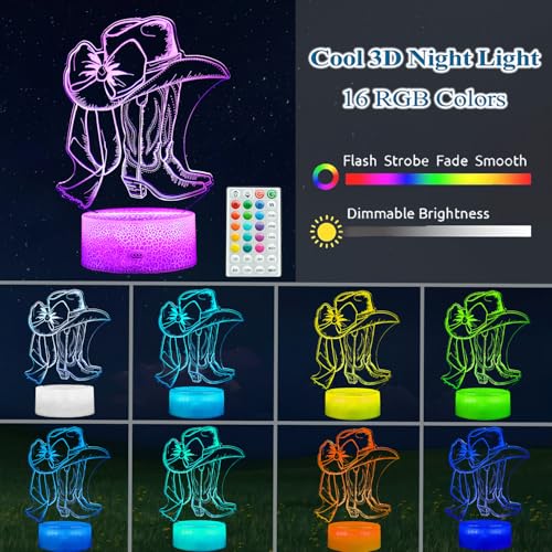 Cowgirl Gifts, Cowgirl Night Light, 3D Illusion Lamp with 16 Colors Changing, Timer, 4 Flash Modes and Dimmer with Remote Control, Western Room Decor for Holiday Birthday Christmas - color: Color 11