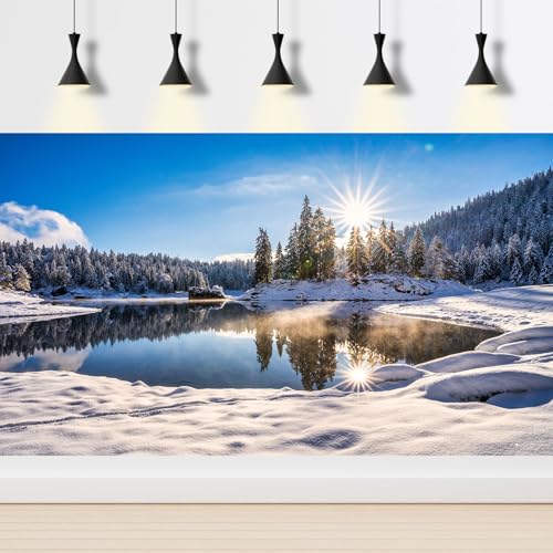 Winter Scene Aquarium Background Majestic Frosty Winter Lake Fish Tank Background Splendid Snow Covered Spruces Terrarium Backgrounds Wintry Pine Trees Reptile Tank Background Decors 24x12in - color: Bright Blue, size: 24(W)x12(H)inches/ 60(W)*30cm(H)