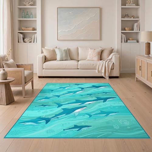 5'x7' Washable Modern Shark Area Rug, Blue Non-Shedding Pet Friendly Carpet for Small Living Room, Playroom, Bedroom, Easy Care Kids Safe Mat | Ref:2068648 - color: Blue/Pattern 12, size: 5' x 7' (Rectangular)