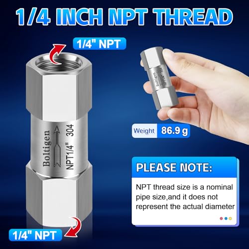 Boltigen 1/4inch NPT Female Spring Check Valve, Stainless Steel 304 One Way No Return Check Valve, Air Compressor Backflow Prevention, Inline Poppet Check Valve for Horizontal, Vertical Installation - size: 1/4'' NPT