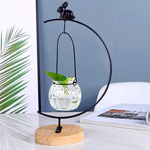YY YEARCHY Ornament Display Stand Metal Stand Air Plant Stand Flower Pot Holder Iron Stand for Hanging Glass Globe Ball (Rabbit round wood) - color: Black, size: 12.5"x4.5"x4.5"
