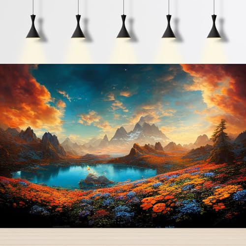 Autumn Theme Aquarium Background Tranquil Lake Blue Sunset Sky Fish Tank Background Colorful Flowers Mountains Clouds Reptile Tank Backgrounds Fall Style Reptile Enclosure Backgrounds Poster 24x12in - color: Red_Blue, size: 24(W)x12(H)inches/ 60(W)*30cm(H