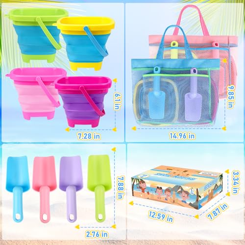 Collapsible Beach Buckets for Kids, 4 Packs Foldable Sand Buckets and Shovels with Mesh Beach Bag, Silicone Sand Pails for Toddlers Beach Toys, Easter Egg Hunt, Camping, Travelling, Fishing Water Pail - style: 4 Buckets