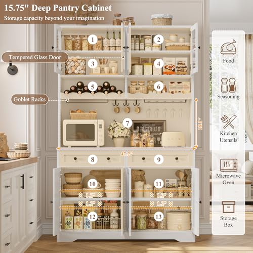 HOSTACK 75.4" Tall Kitchen Pantry Cabinet with Charging Station, Modern White Kitchen Hutch with Microwave Stand and Wine Racks, Large Food Pantry Storage Cabinet with Glass Doors and Drawers, White - color: White