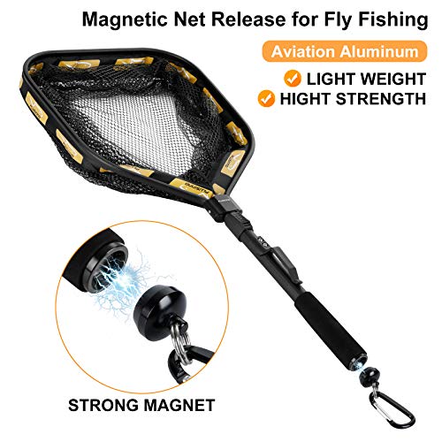 PLUSINNO Floating Fishing Net for Steelhead, Salmon, Fly, Kayak, Catfish, Bass, Trout Fishing, Rubber Coated Foldable Landing Net with Fixed or Telescoping Pole Handle, Fishing Gear and Gifts for Men - color: 11.8"/30cm Hoop Size Orange (with Magnetic Rel
