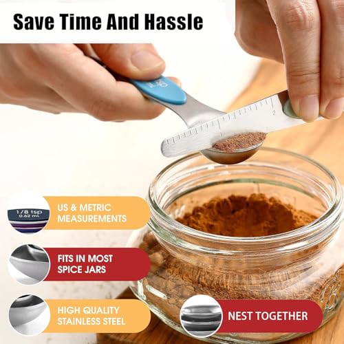 8-Piece Measuring Magnetic Spoons Set with Leveler - Stainless Steel for Measuring Dry and Liquid Ingredients, Double Ended, Stackable & Nested Fits in Kitchen Spice Jars for Baking & Cooking