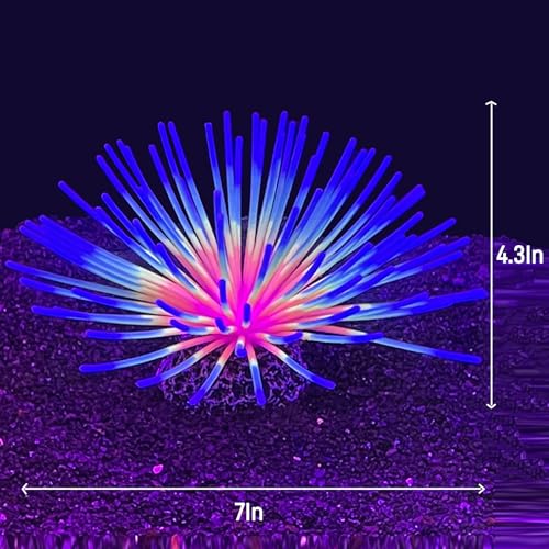 Fluorescent Rainbow Sea Urchin Aquarium Decor - Glows Under Blue Light, Weighted Silicone Ornament for Fish Tank with Swaying Spines, Saltwater & Freshwater, Vibrant Aquascape Centerpiece (Blue) - color: Blue