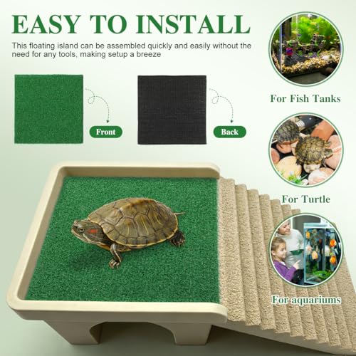 Toyvian 9.83" Turtle Basking Platform Artificial Grass Turf Square Mat, Non-Slip Cuttable Reptile Tank Accessory for Aquatic Turtles, Lizard, Snake, Turtle Tank Accessories & Aquarium Grass Decor