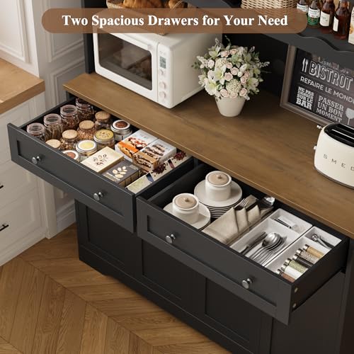 HOSTACK 75.4" Tall Kitchen Pantry Cabinet with Charging Station, Modern White Kitchen Hutch with Microwave Stand and Wine Rack, Large Food Pantry Storage Cabinet with Glass Doors and Drawers, Black - color: Black