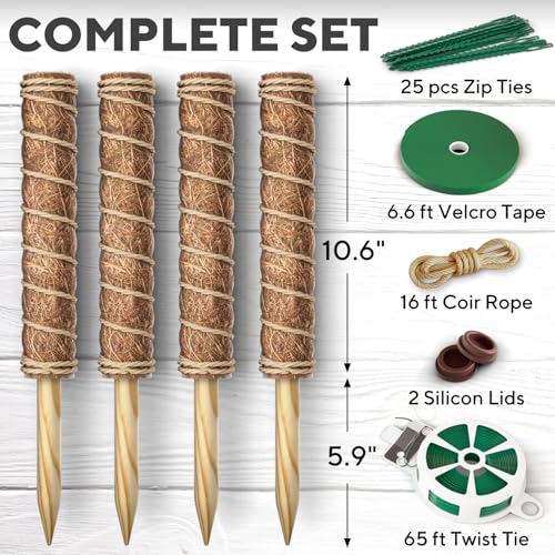 Premium Moss Pole for Plants 4-Pack - 48 Inch Sturdy Plant Support Stakes - 16.5" Extendable Poles for Monstera & Climbing Plants - 100% Natural Garden Sticks - Complete Kit w/Ties, Velcro & Rope