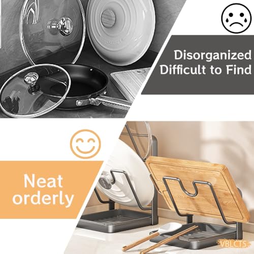 Pot Lid Holder Kitchen Organizer Rack with Drip Tray Functional Double Layer Countertop Storage Lids Solution for Cooking Pots and Pans While Cooking Cover Crock Holders Inside Cabinet Door